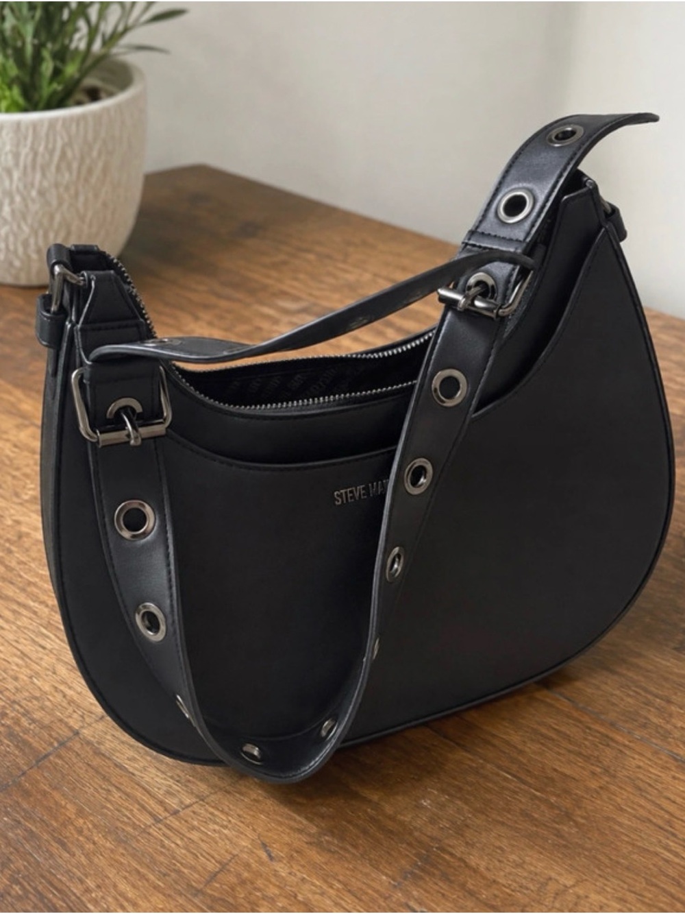 Steve Madden Black Grommet-Accent Saddle Shoulder Bag